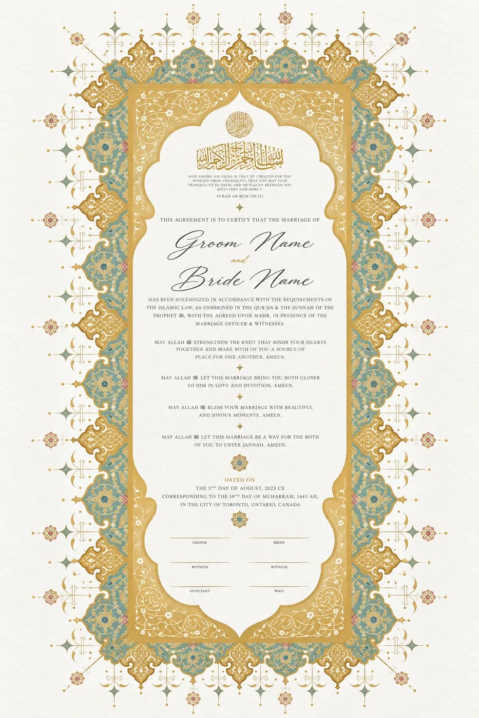 Iznik Arch nikah certificate with a turquoise and gold Ottoman tile mihrab arch