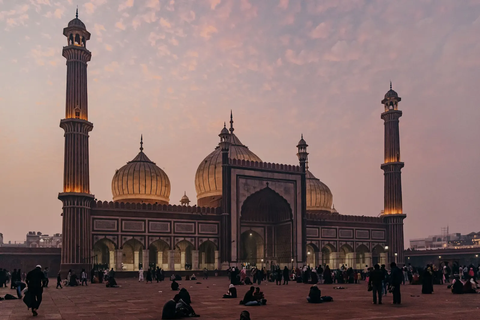Mosque with minarets at dusk