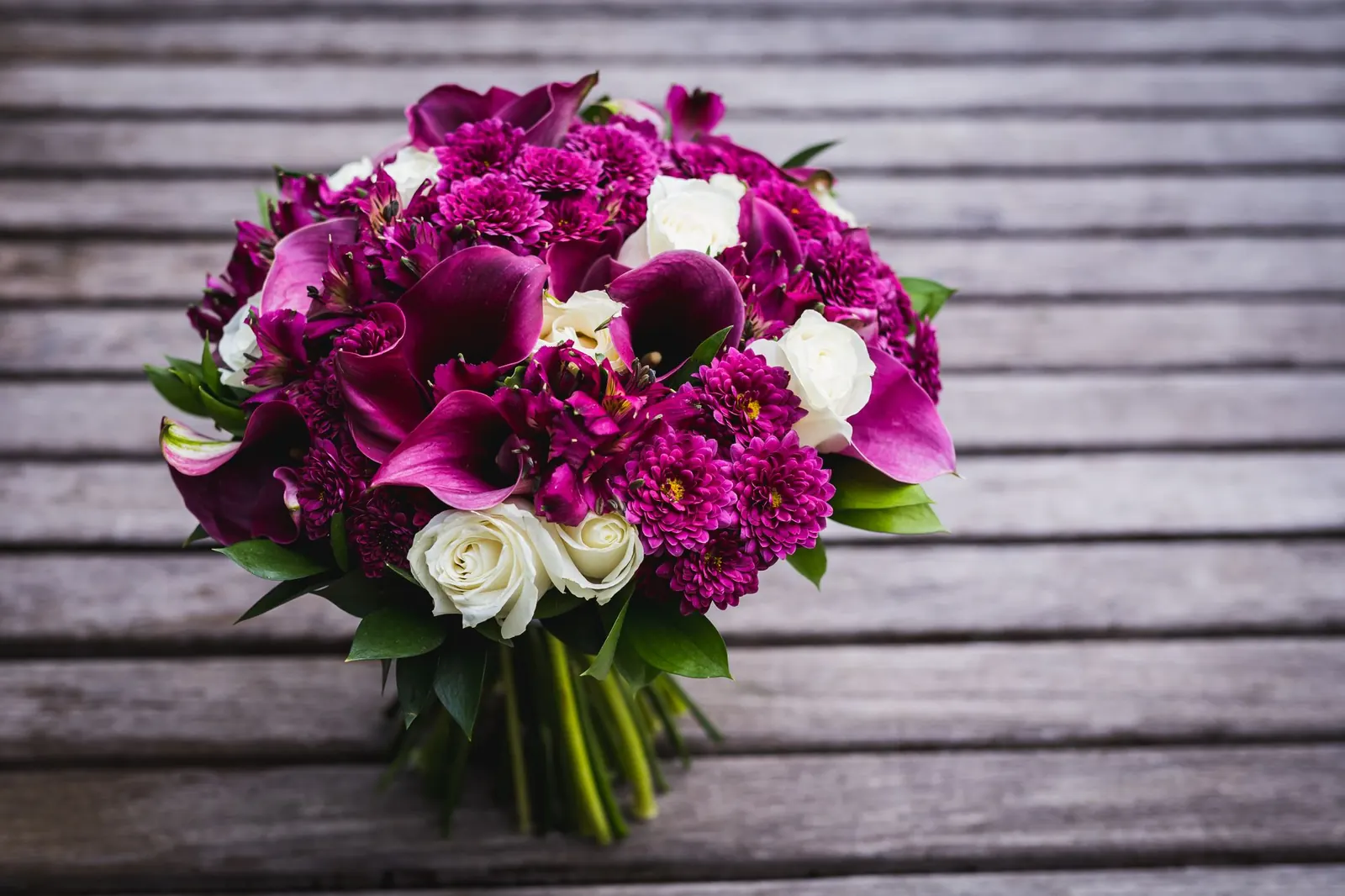A bouquet of purple and white flowers.